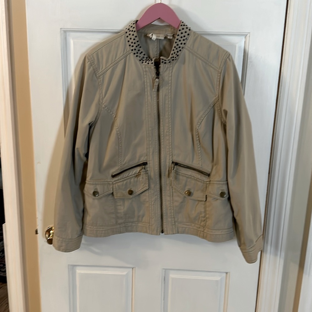 Chico’s Khaki Women’s Zipper Denim Jacket with beaded studded collar.